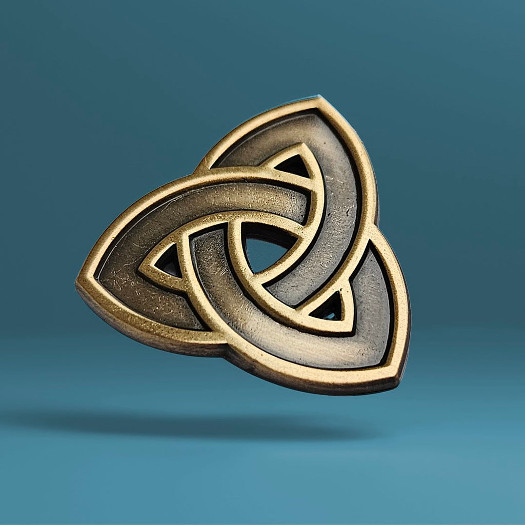 Bronze and gold trinity knot on a blue background