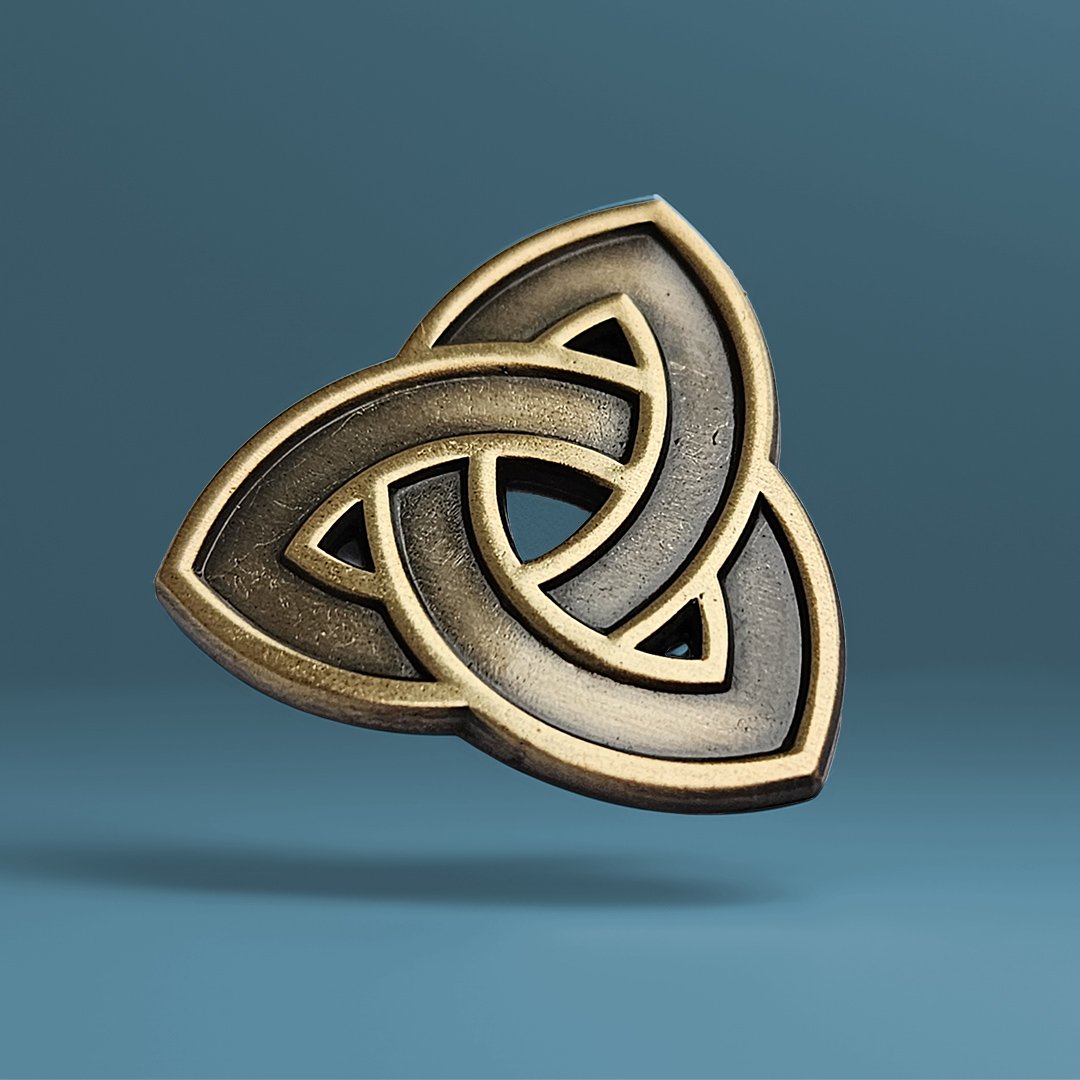 Bronze and gold trinity knot on a blue background