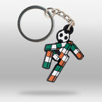 A keyring of a footballer made by various boxes in the irish colours of green, white and orange. 