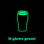 Glowing green outline of a glass with text 'It glows green!' on a black background