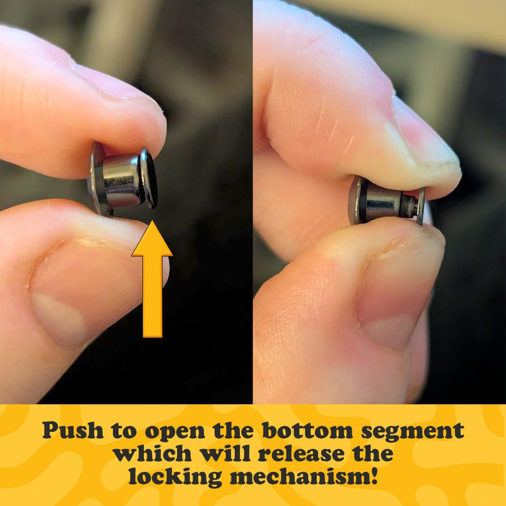 Close-up of a small metal component being manipulated with text instructions.