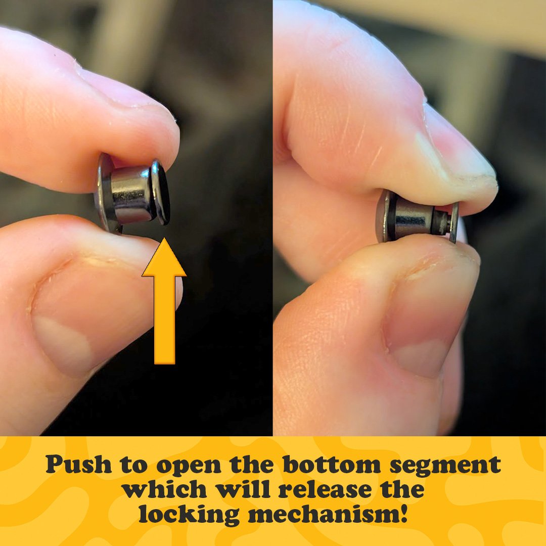 Close-up of a small metal component being manipulated with text instructions.