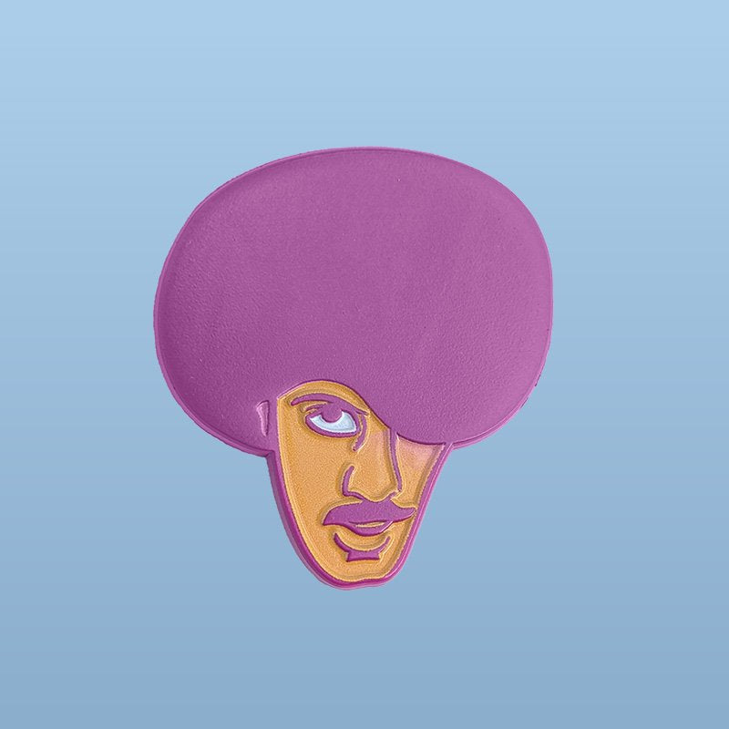 Phil Lynott Enamel Pin in Pink and Orange on a light blue background