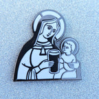 An illuminated manuscript depiction of 'Pint Baby' as a black and white enamel pin