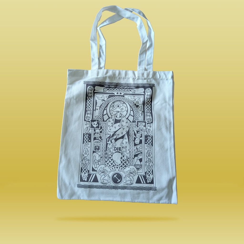 White tote bag with black intricate design depicting the Simpsons book of kells page on a yellow background